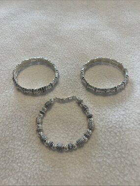 Silver-Tone Beaded Bracelet and Matching Bangle Set